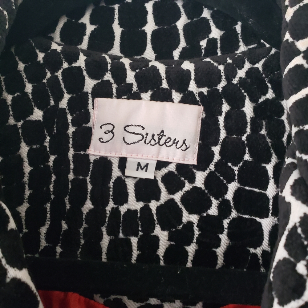 3 Sisters Black and White Cheetah Print Pea Coat with Red Lining - Picture 5 of 12